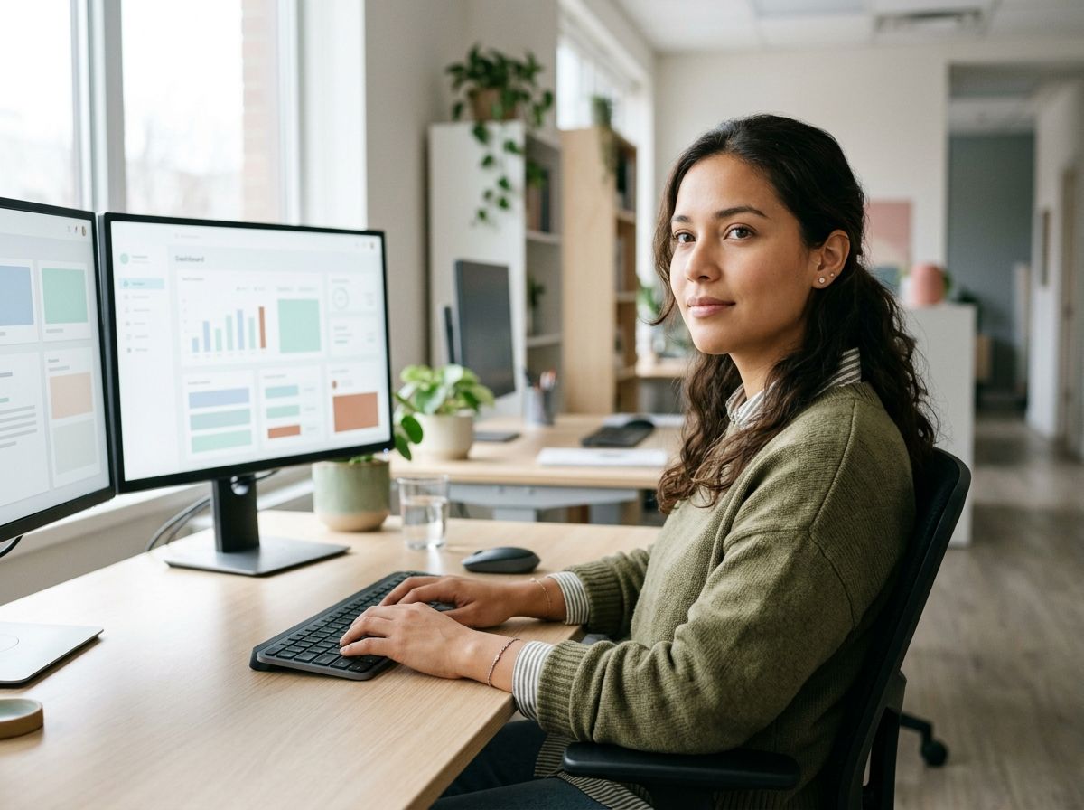 Young woman seated at her desk, both hands on the keyboard and her face turned three-quarters toward the camera in a brief pause, beside a large window.