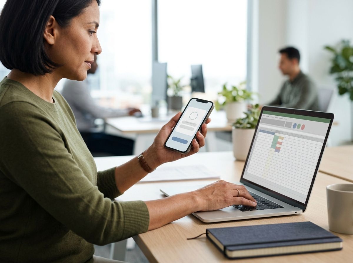 Mujer sosteniendo el teléfono en una mano y con la otra sobre el teclado del portátil, confirmando un acceso desde su puesto de trabajo.
