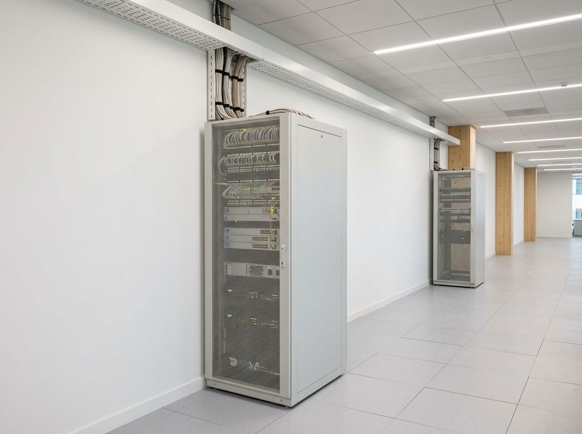 Equipment room in an office building seen along the wall, with a closed mesh-door cabinet and a cable tray running down from the ceiling to its top.