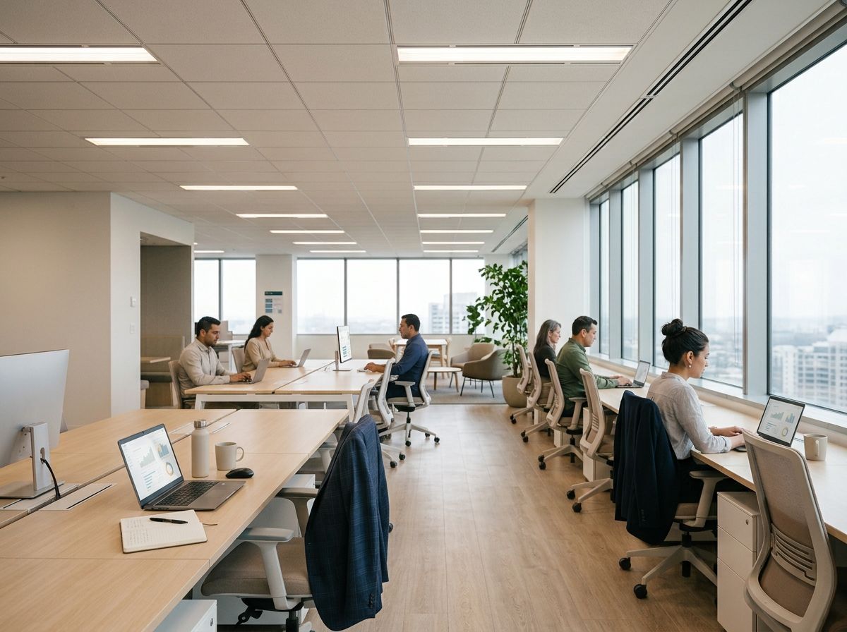 Wide shot of a technical office during a working morning, with six people spread across two rows of desks beside a continuous window.