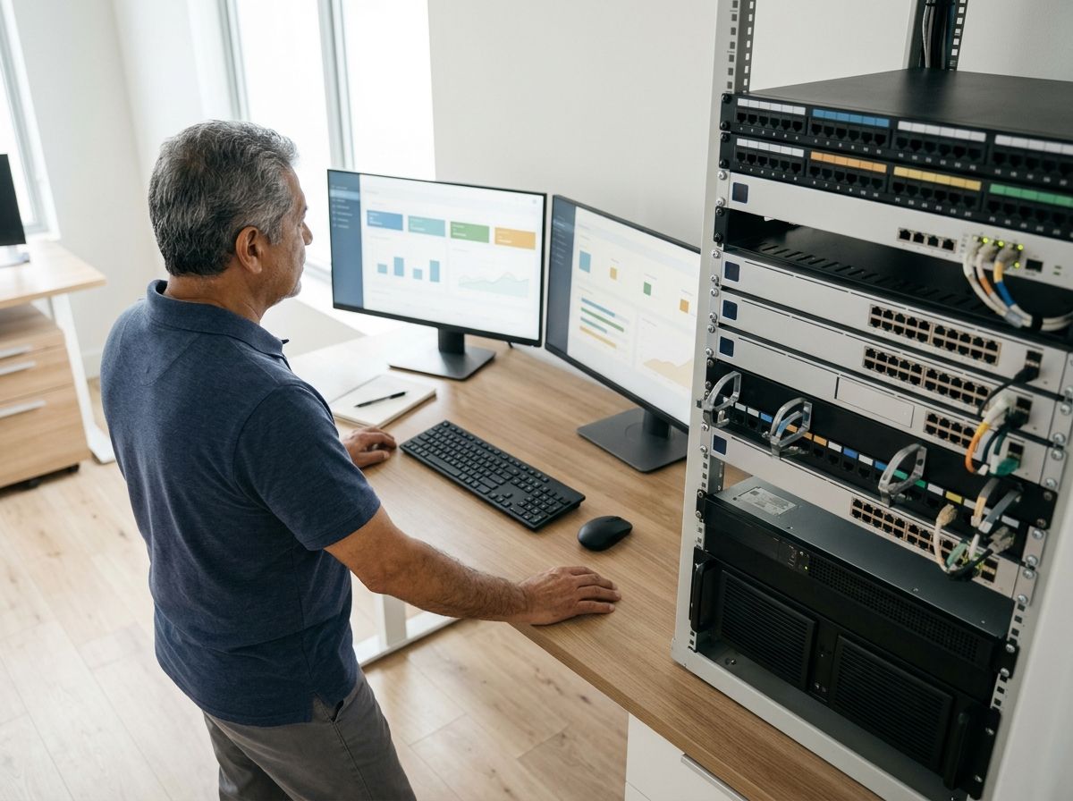 Grey-haired technician, standing and partly turned away, reviewing two monitors with status panels beside a rack of network equipment.