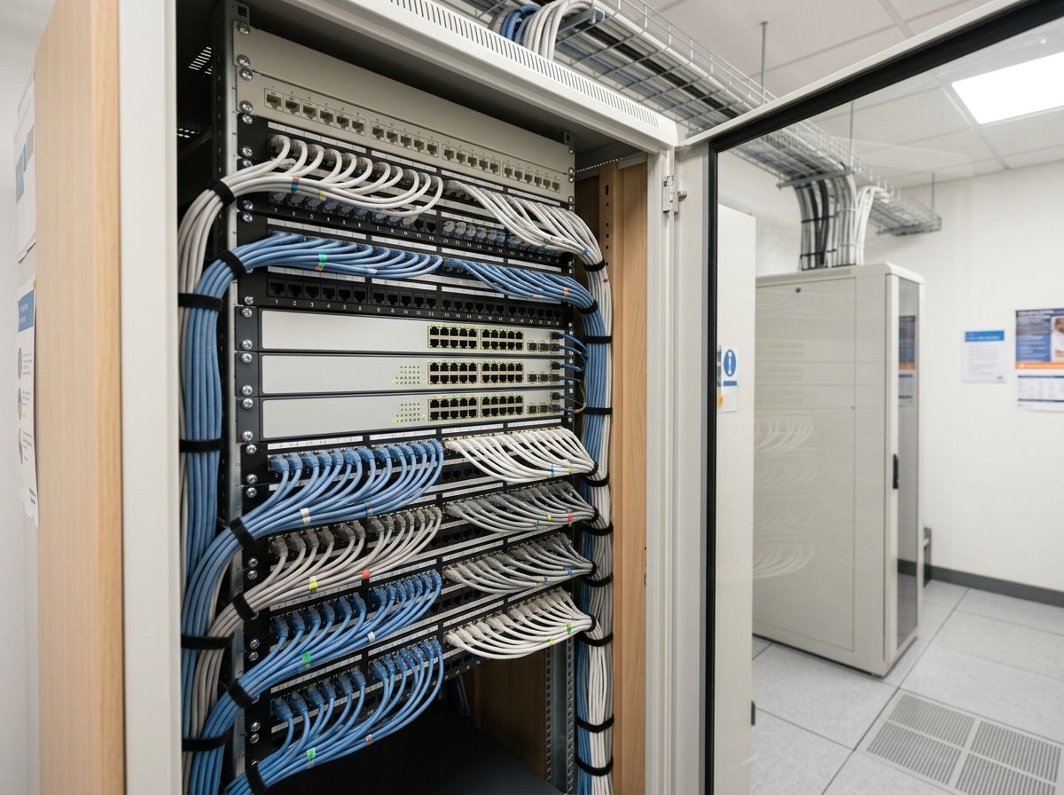 Front of an open communications cabinet, with patch panels and blue and grey patch cords combed into parallel bundles.
