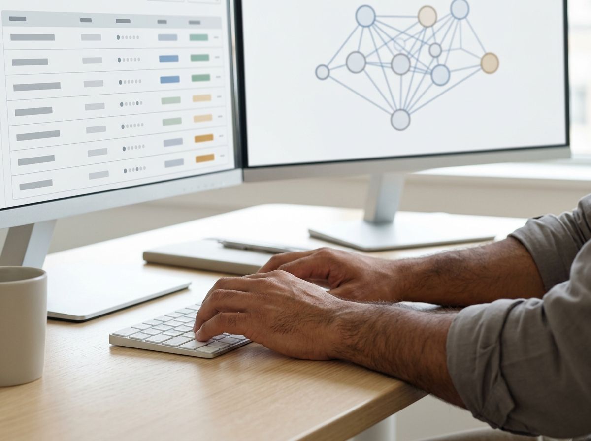 Manos de un analista sobre el teclado en primer plano, con la parte baja de dos monitores que muestran una lista de indicadores y un diagrama de nodos enlazados.
