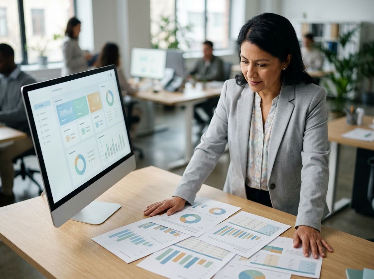 Woman standing at her desk, both hands on several printed documents of charts and tables, beside a monitor showing a panel of colored cards.
