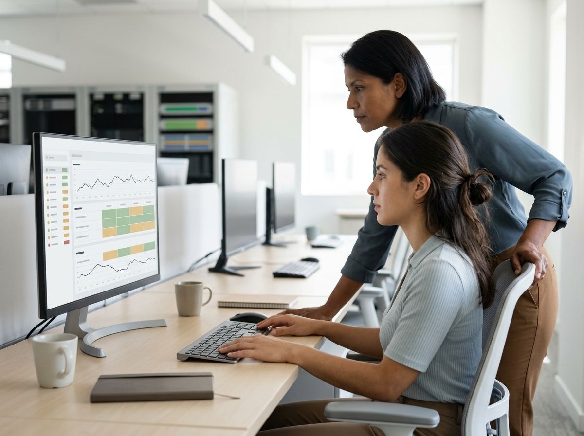 Dos analistas del SOC de Lynxsource, una sentada y otra de pie a su lado, mirando juntas un tablero de estado en el monitor.