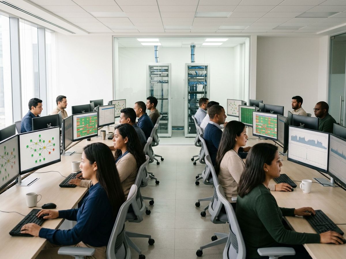 Lynxsource technical team working at dashboards in a bright office, with network and status panels on screen.