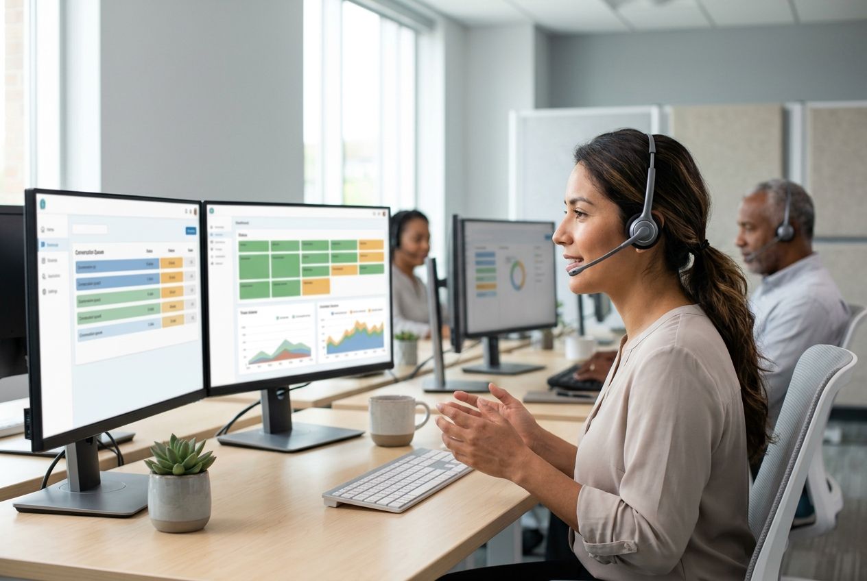 Contact center agent wearing a headset, handling a conversation in front of two screens showing status dashboards, in a bright office.