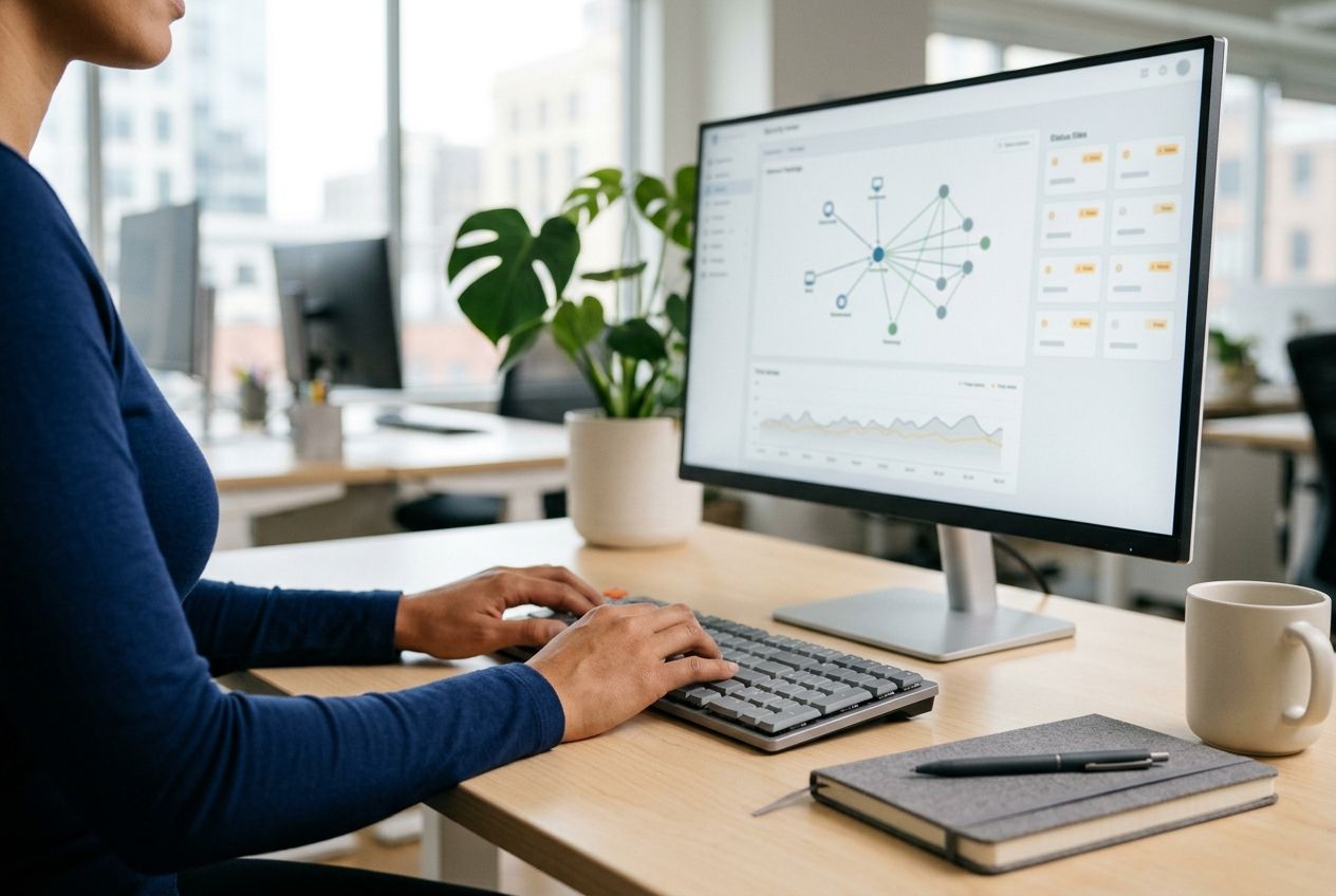 A security analyst's hands on the keyboard, facing a monitor with a network topology map and a time series on a light background.