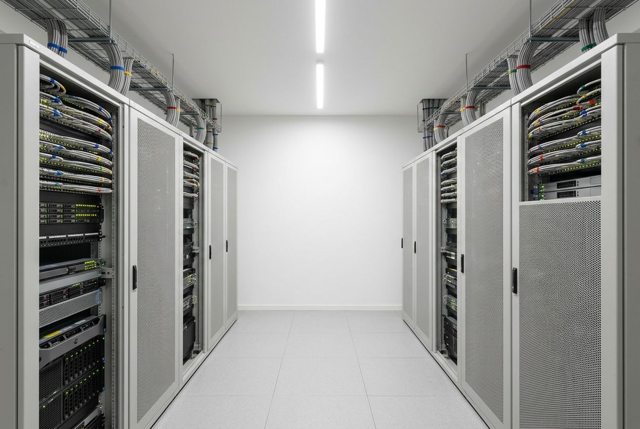 Empty equipment room with six light-metal racks on either side of a short aisle, cabling combed into the overhead trays and a spotless raised floor.