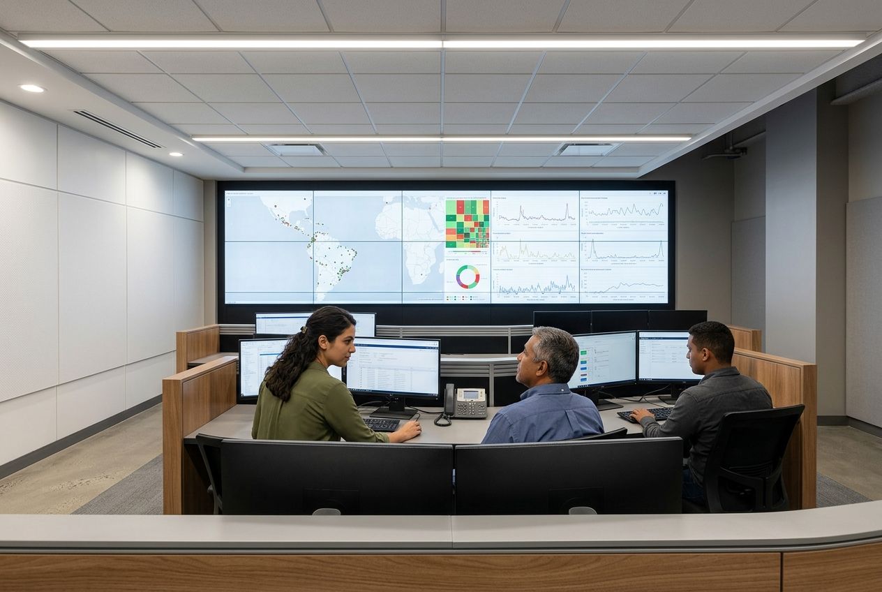 Control room with a lit video wall and three operators seen from behind at a curved console, watching the screen wall.