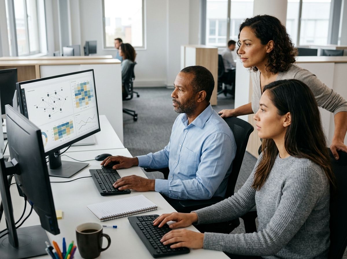 Three Lynxsource SOC analysts looking together at the same monitor, with network topology dashboards and time series on screen.
